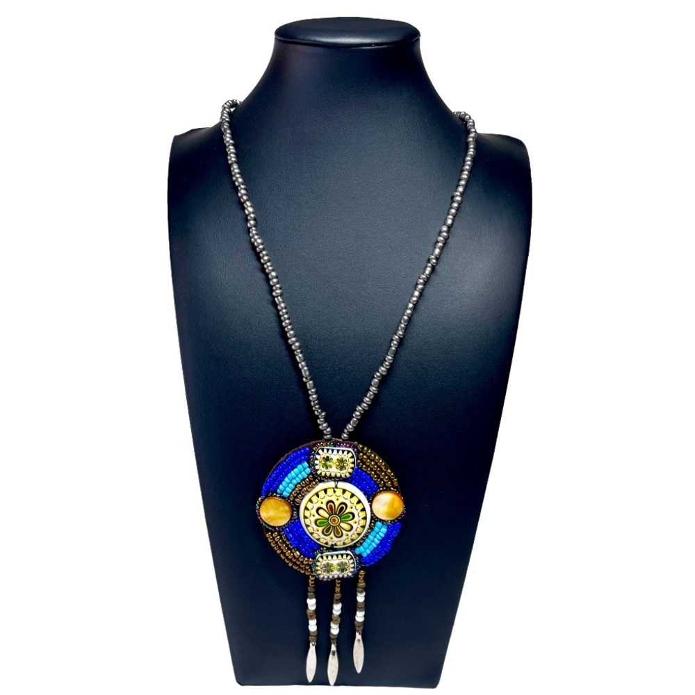 Hand Crafted Beaded Aztec Fringe Pendant Necklace 24"